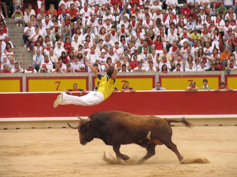 Seguro de Festejos Taurinos. Un Joven salta sobre un toro en una plaza abarrotada.
