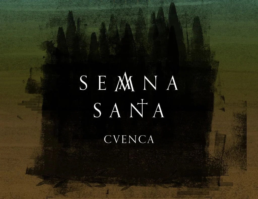 Cartel de la Semana Santa de Cuenca. En el centro tiene una cruz que irradia luz. En la base un grupo de nazarenos.