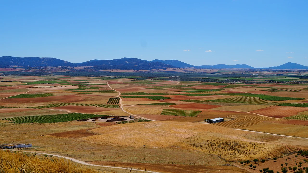 Vista de las zonas rurales de la Mancha, vulnerables ante sequías prolongadas, que afectan la disponibilidad de agua para la agricultura y el ganado. El papel de los seguros después de una catástrofe natural. Revisa tus seguros para estar preparado para los desastres naturales.