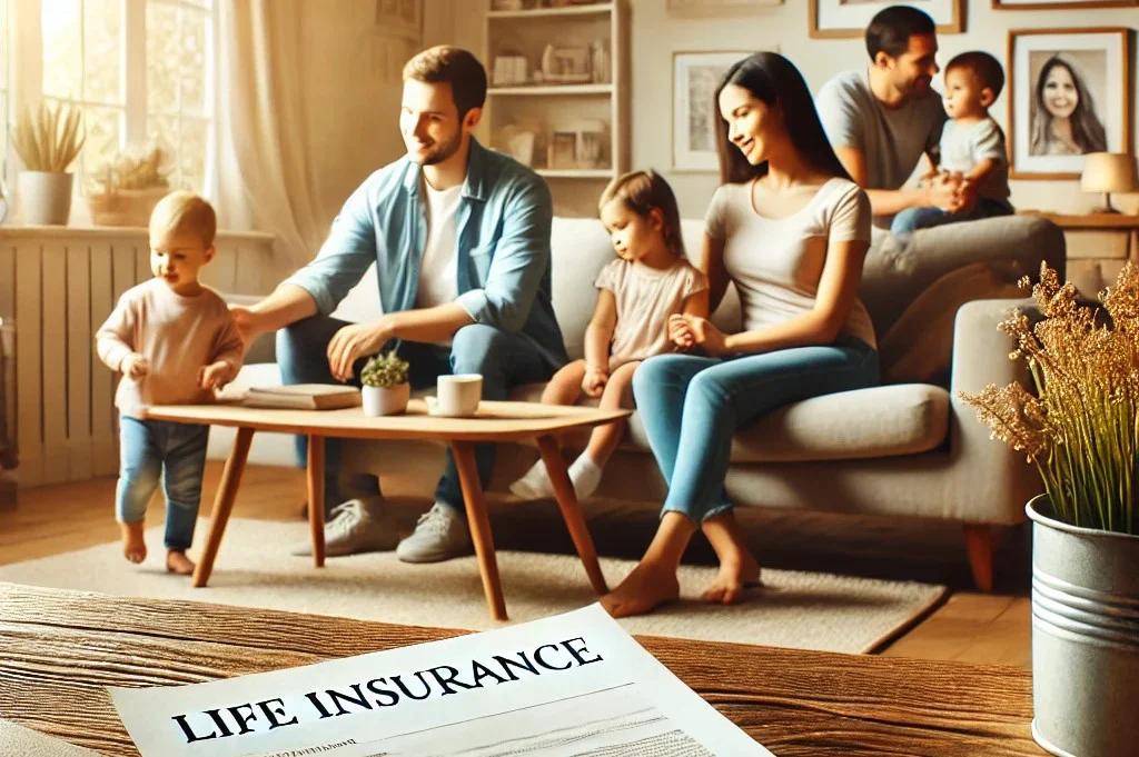 Seguro de vida riesgo. Una familia en el salón de su casa sentados en el sofá revisando la póliza de vida riesgo que han contratado en Segur Torralba.