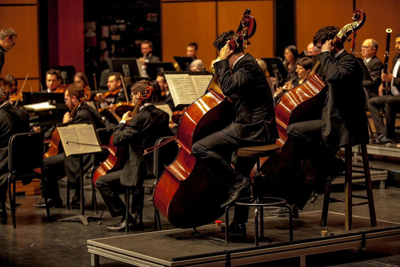 Músicos de orquesta tocando contrabajos, violines y otros instrumentos, protegidos con el Seguro para Instrumentos Musicales de Segur Torralba.