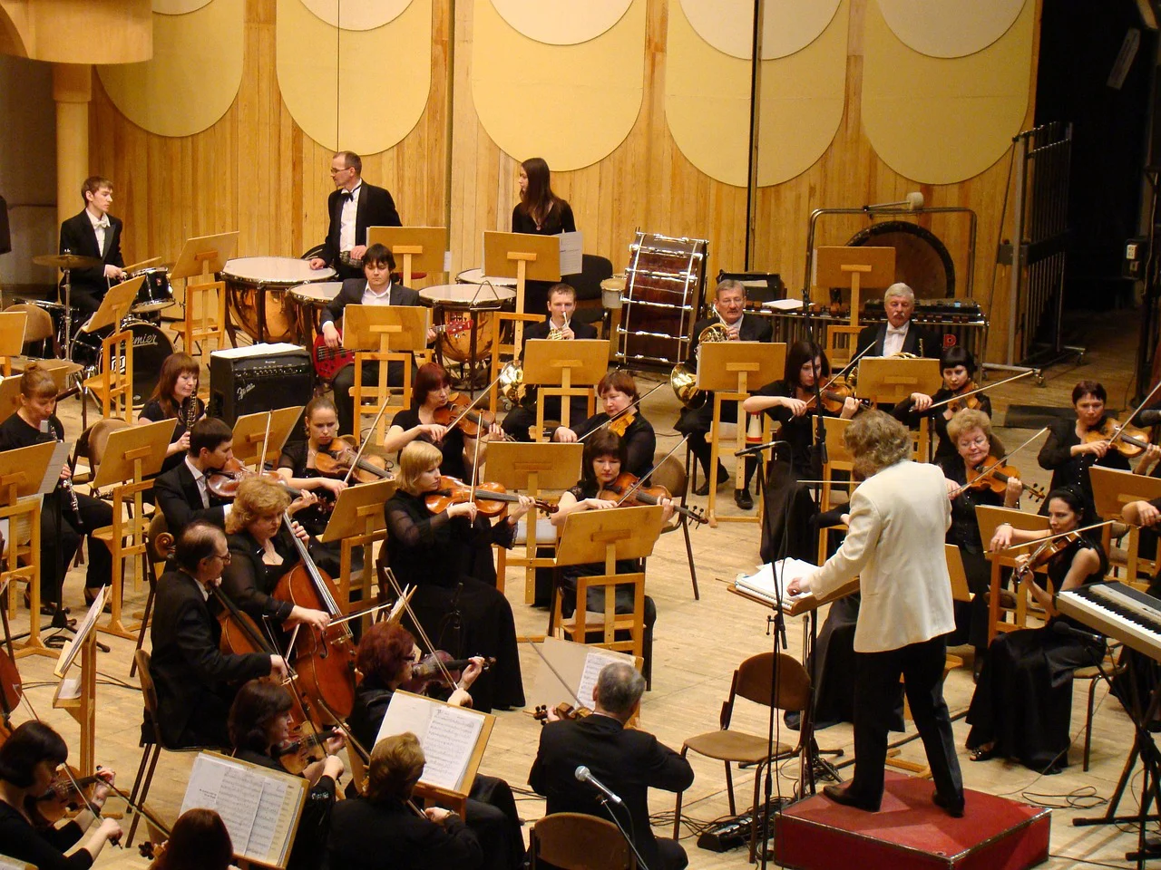Orquesta sinfónica durante una actuación con instrumentos de cuerda, viento y percusión, protegidos mediante un seguro para instrumentos musicales.